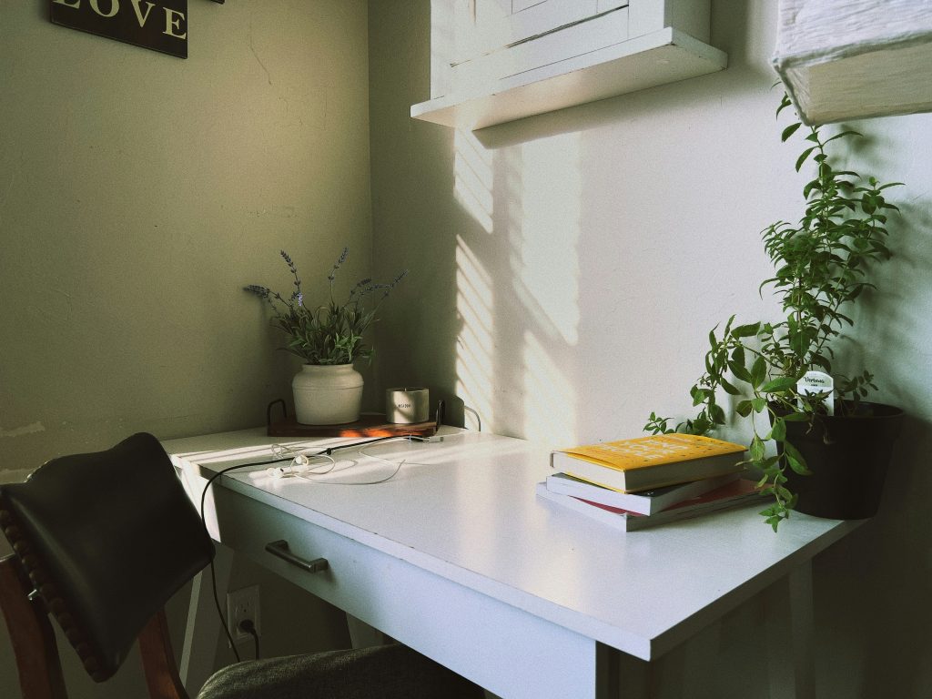 remote work productivity tips clean home office desk with plant and open book