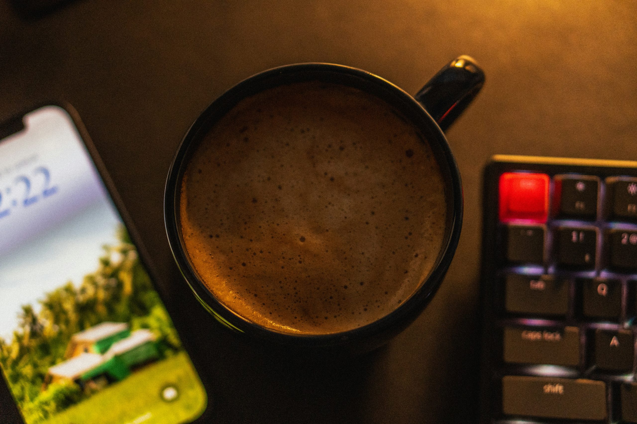 coffee cup and phone on desk for task management with Todoist