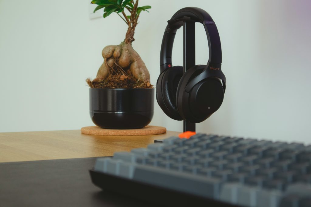 focus music for work on a minimal desk with headphones