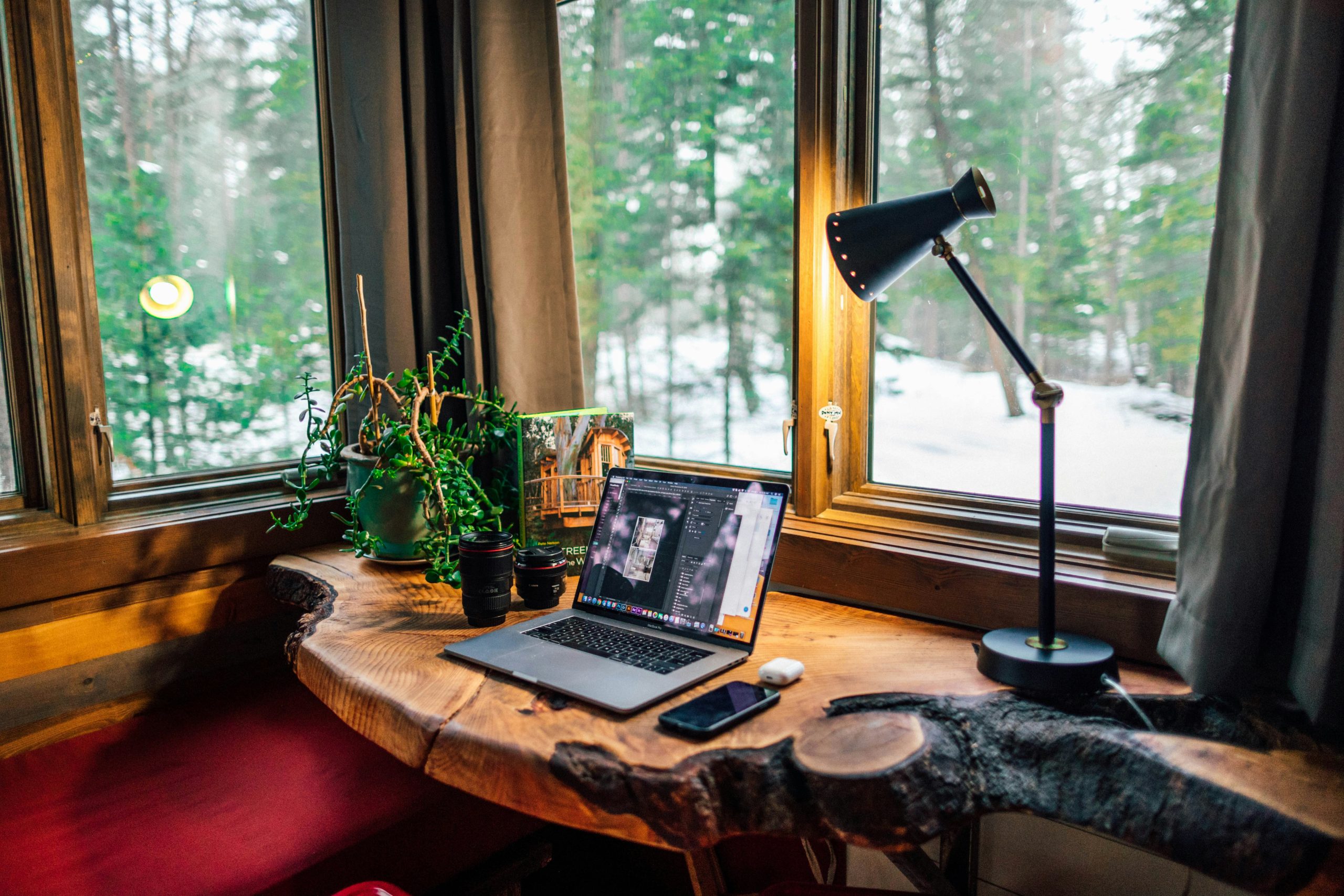 compact desk setup with laptop and smartphone
